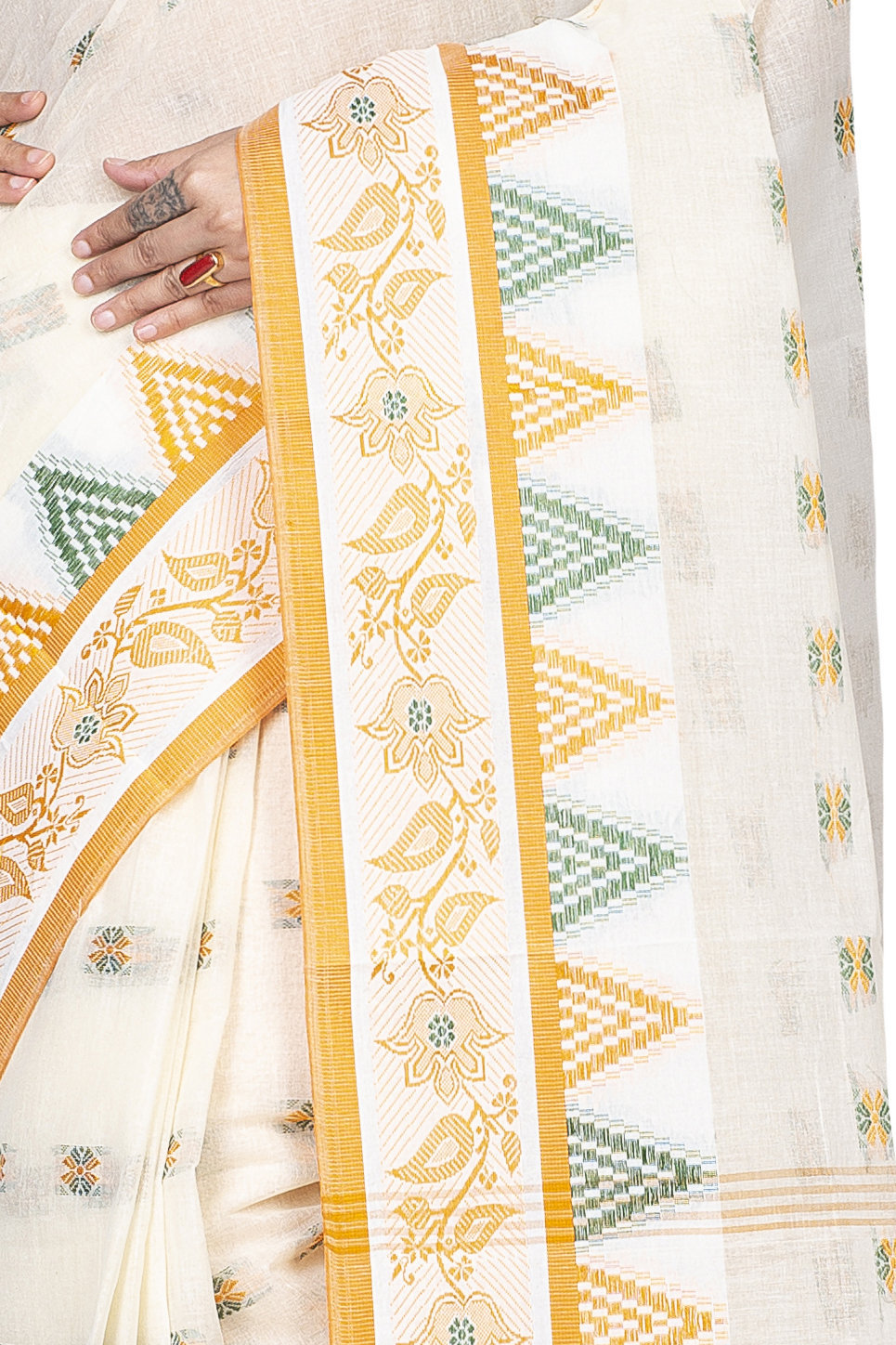 Yellow Pure Cotton Alkari Tant Saree (177)